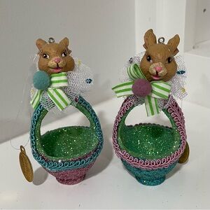 Two Katherine’s Collection Easter Bunny Basket Ornaments Rabbit Spring Glitter
